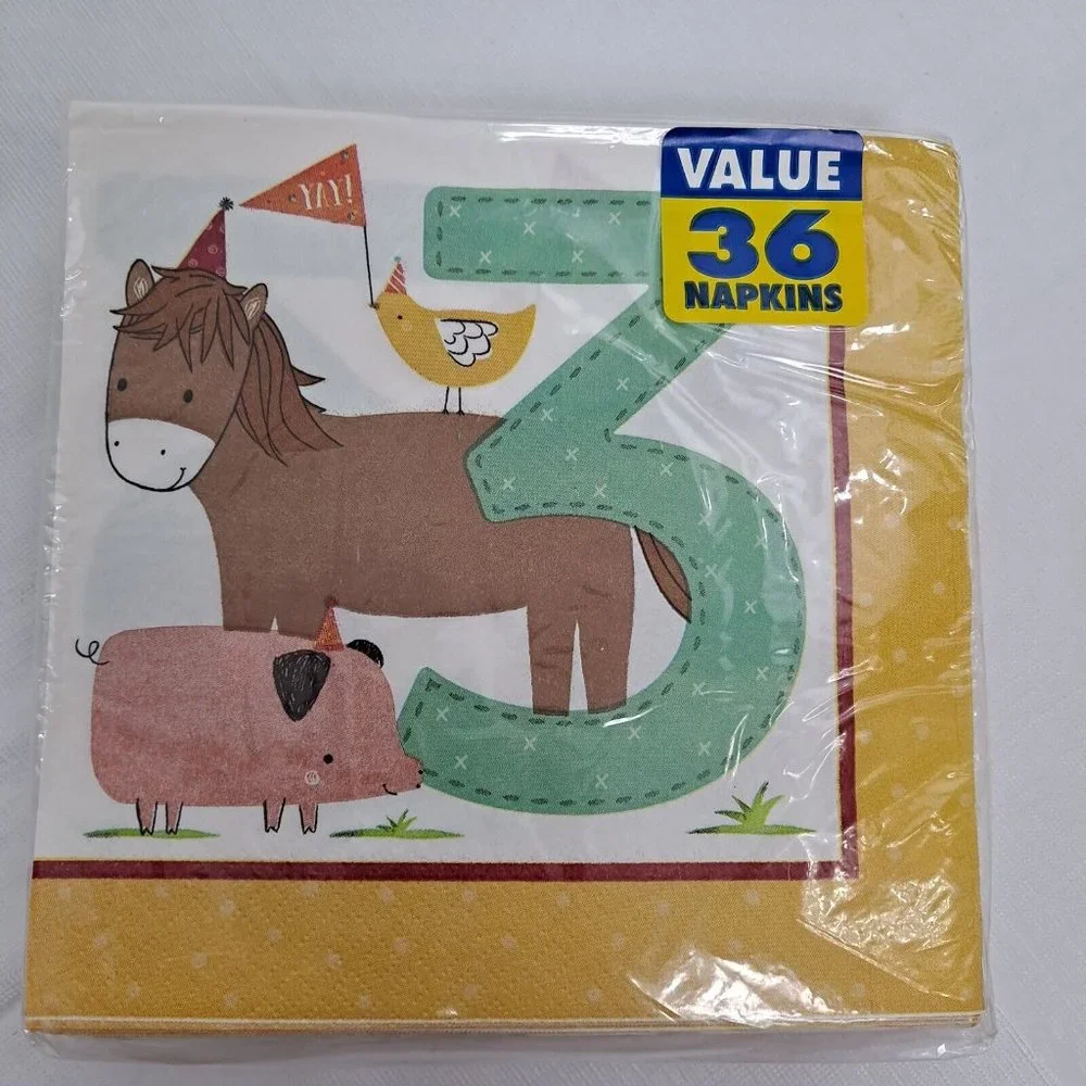 Third Birthday Barnyard Party Napkins Farm Animal Horse Chicken Pig Green 36 ct